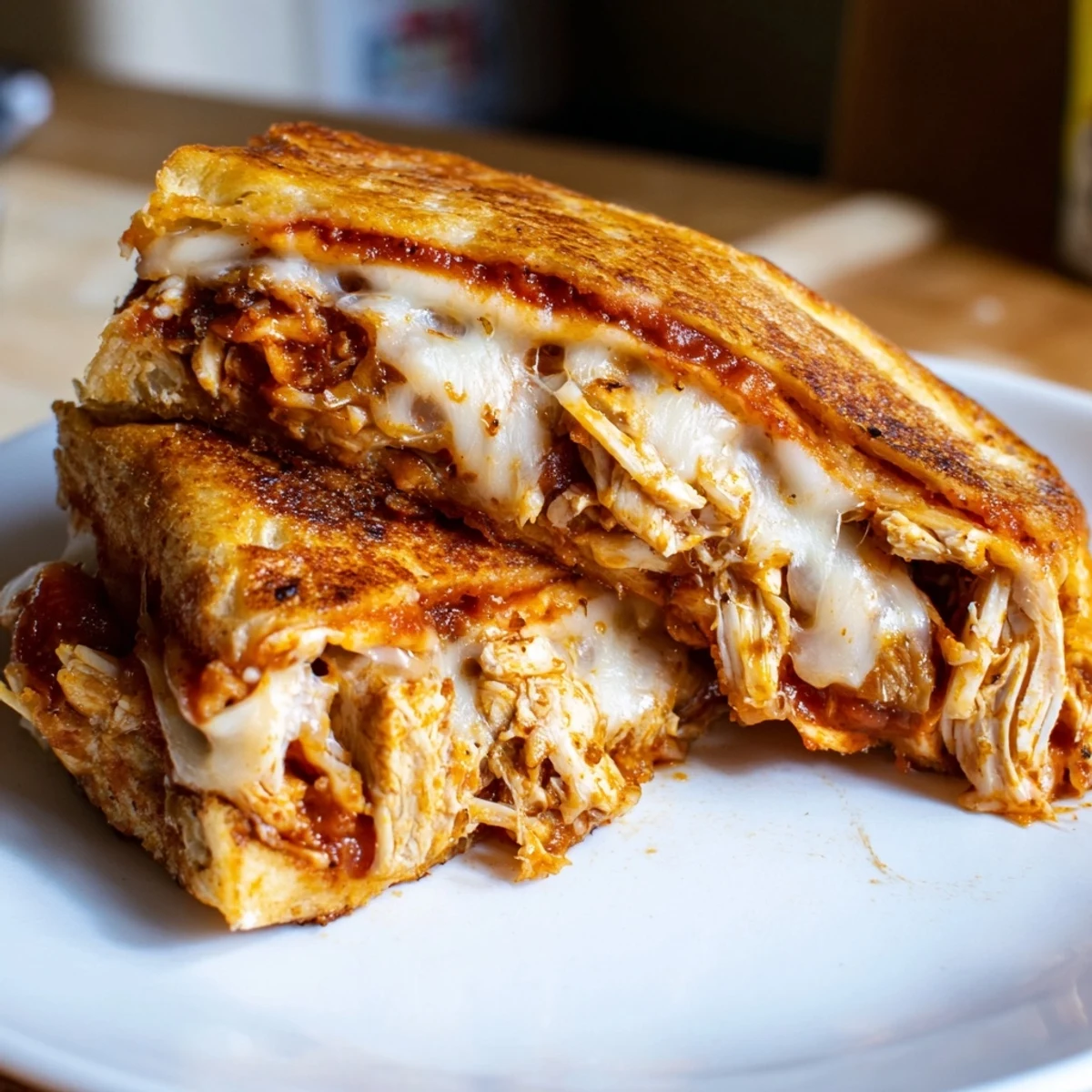 Golden-brown Leftover Pizza Grilled Cheese with melty cheese and juicy chicken filling, ready to serve.
