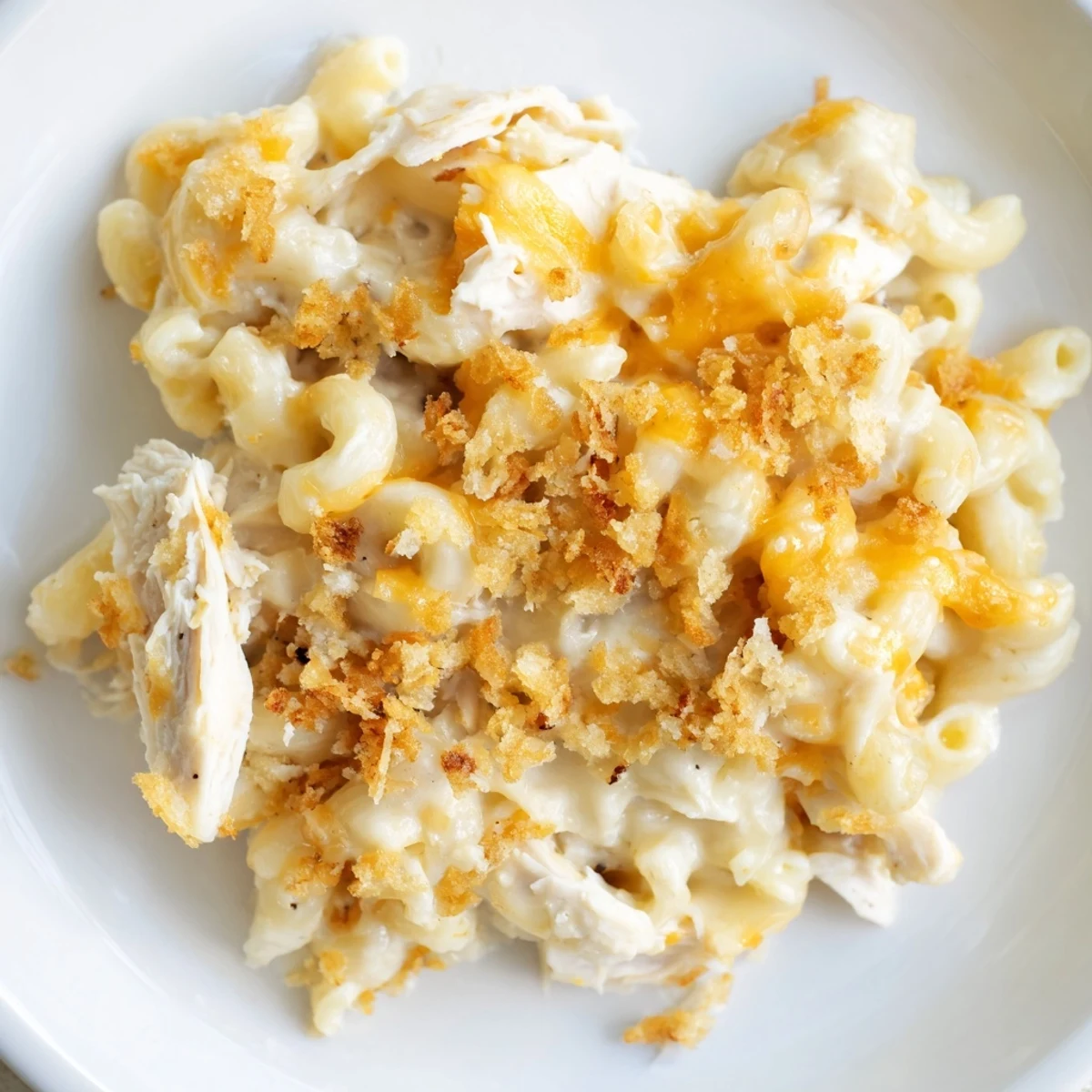 Close-up of creamy Struggle Meal Chicken Macaroni with tender chicken and macaroni, ready to enjoy.