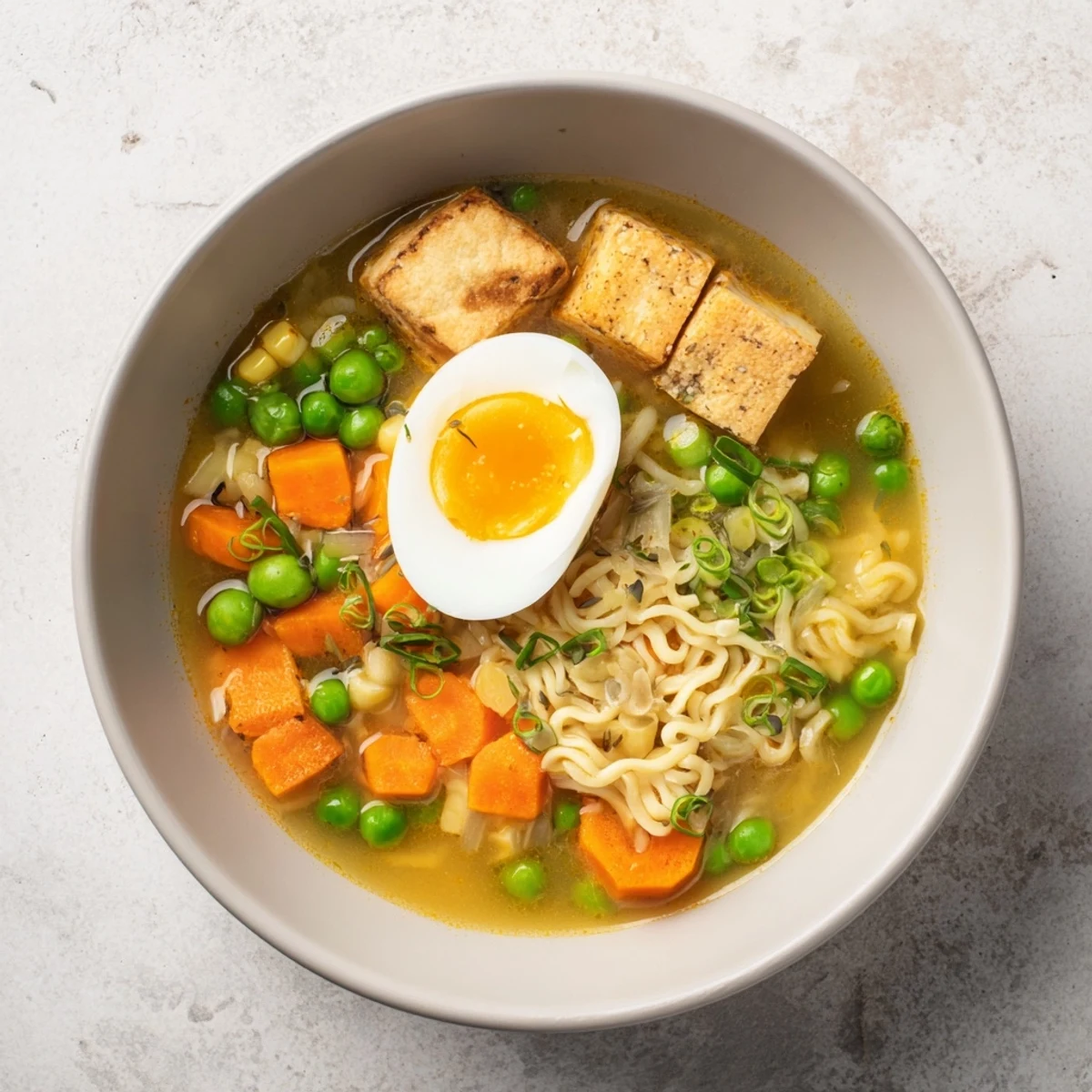 Steaming bowl of Ramen Upgrade with Frozen Peas, garnished with sliced green onions and soft boiled egg.