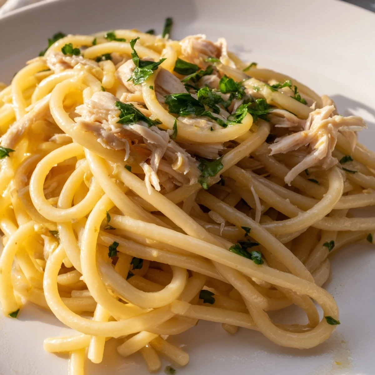 Golden, buttery Simple Garlic Butter Bucatini with shredded chicken, a satisfying Italian-inspired dinner.