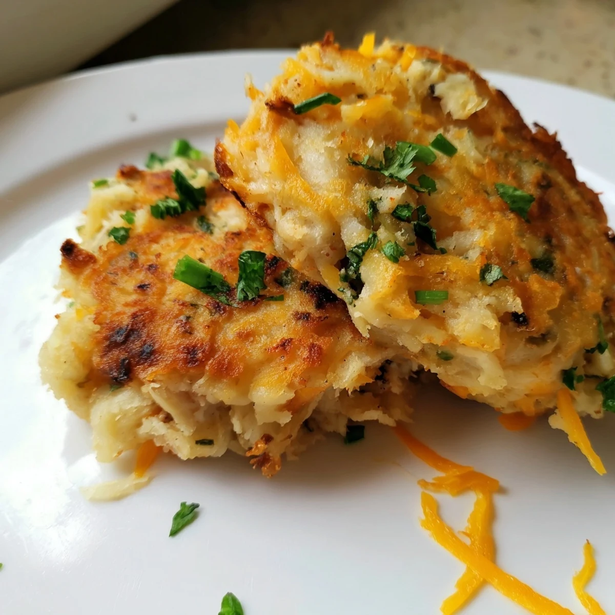 Crispy golden Potato and Chicken Cakes, a comforting American classic, served with fresh herbs for garnish.