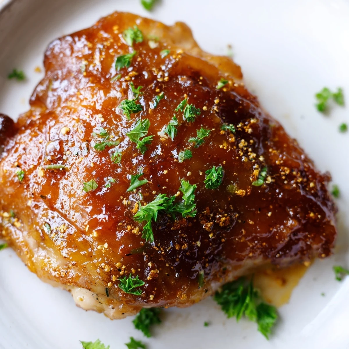 Jam in Coffee Glazed Chicken: Golden chicken thighs with a glistening, caramelized apricot jam glaze, ready to serve.