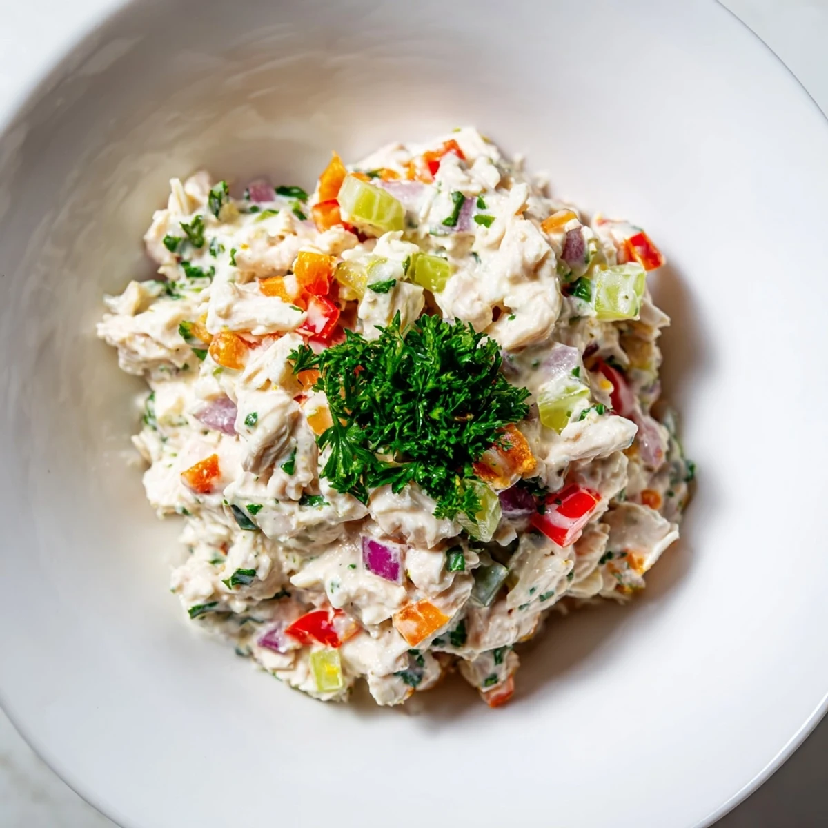 A close-up of a bowl of canned chicken salad with herbs, perfect for a healthy lunch.