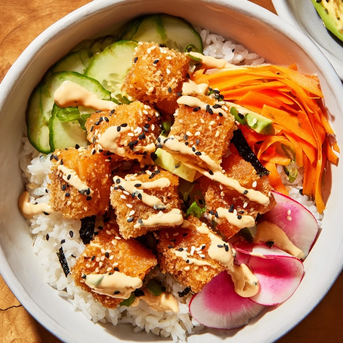 Close-up of a Salmon Bites Bowl: perfectly cooked salmon with creamy sauce and colorful toppings.