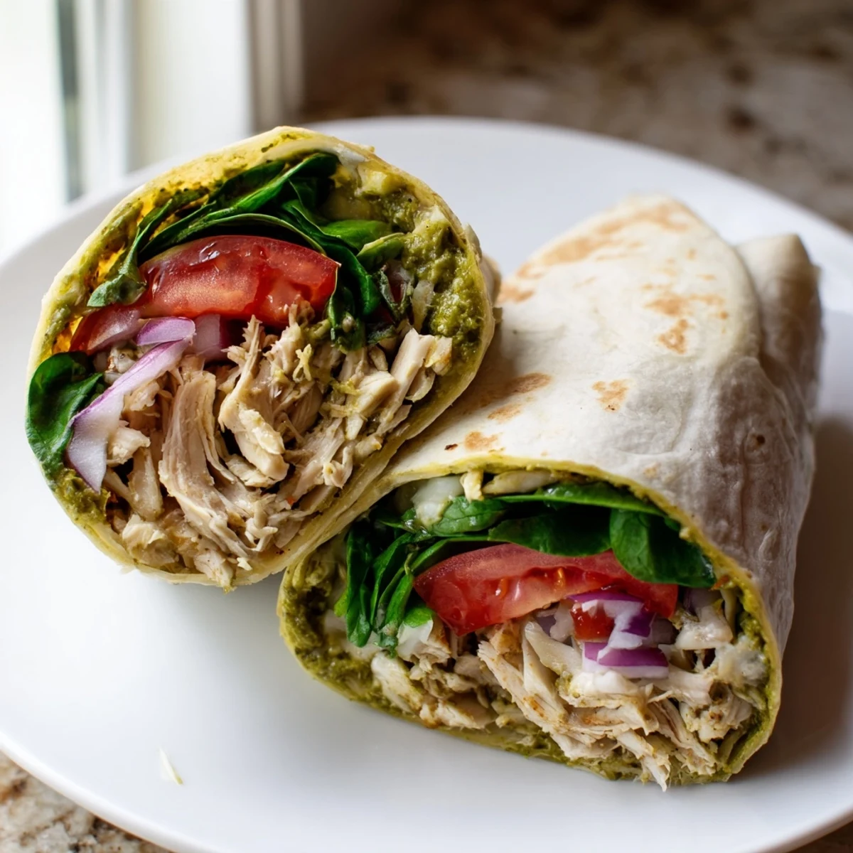 Pesto Chicken Wrap, filled with savory chicken, mozzarella, and fresh veggies, ready to enjoy.