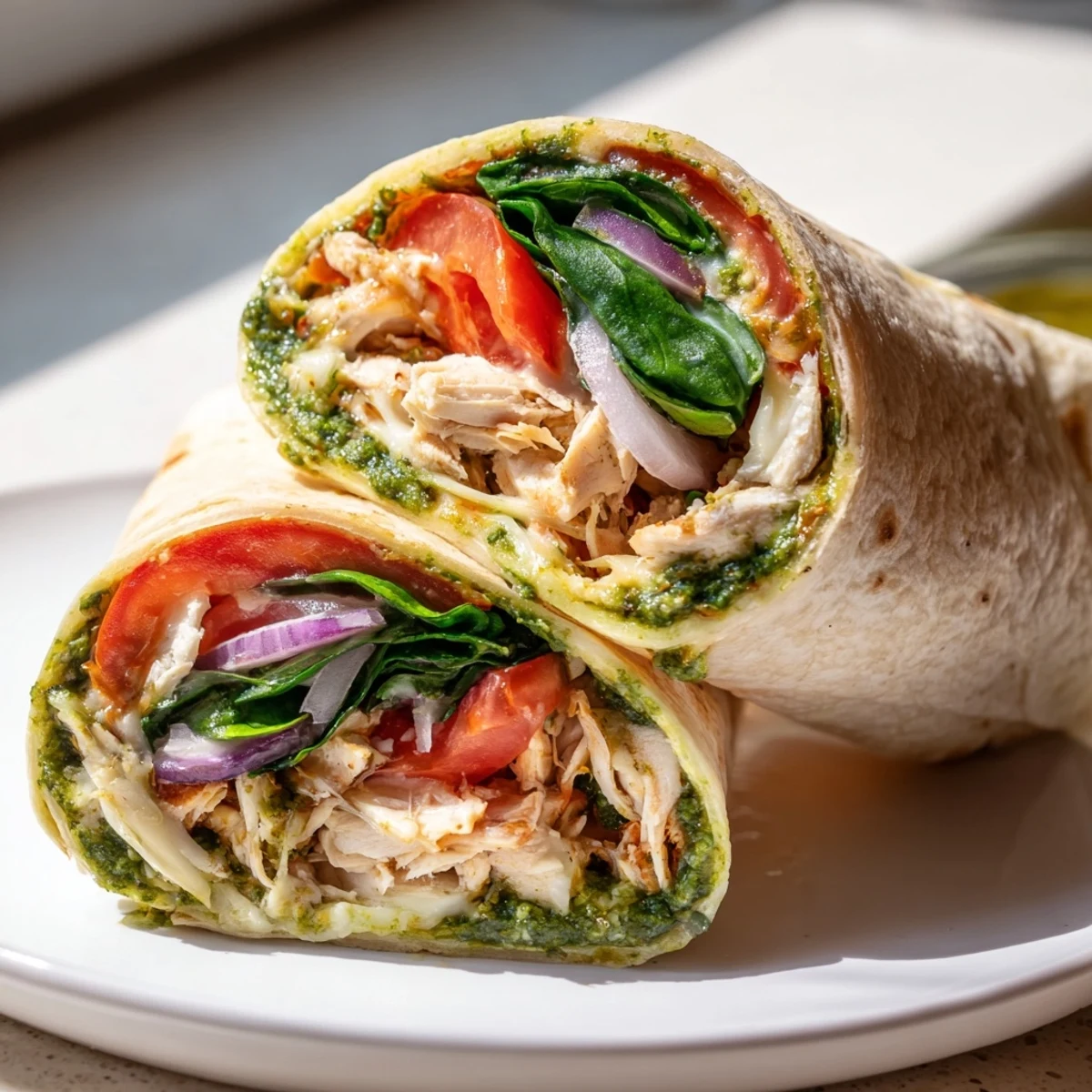 Freshly made and sliced, this Pesto Chicken Wrap offers a taste of Mediterranean flavors.