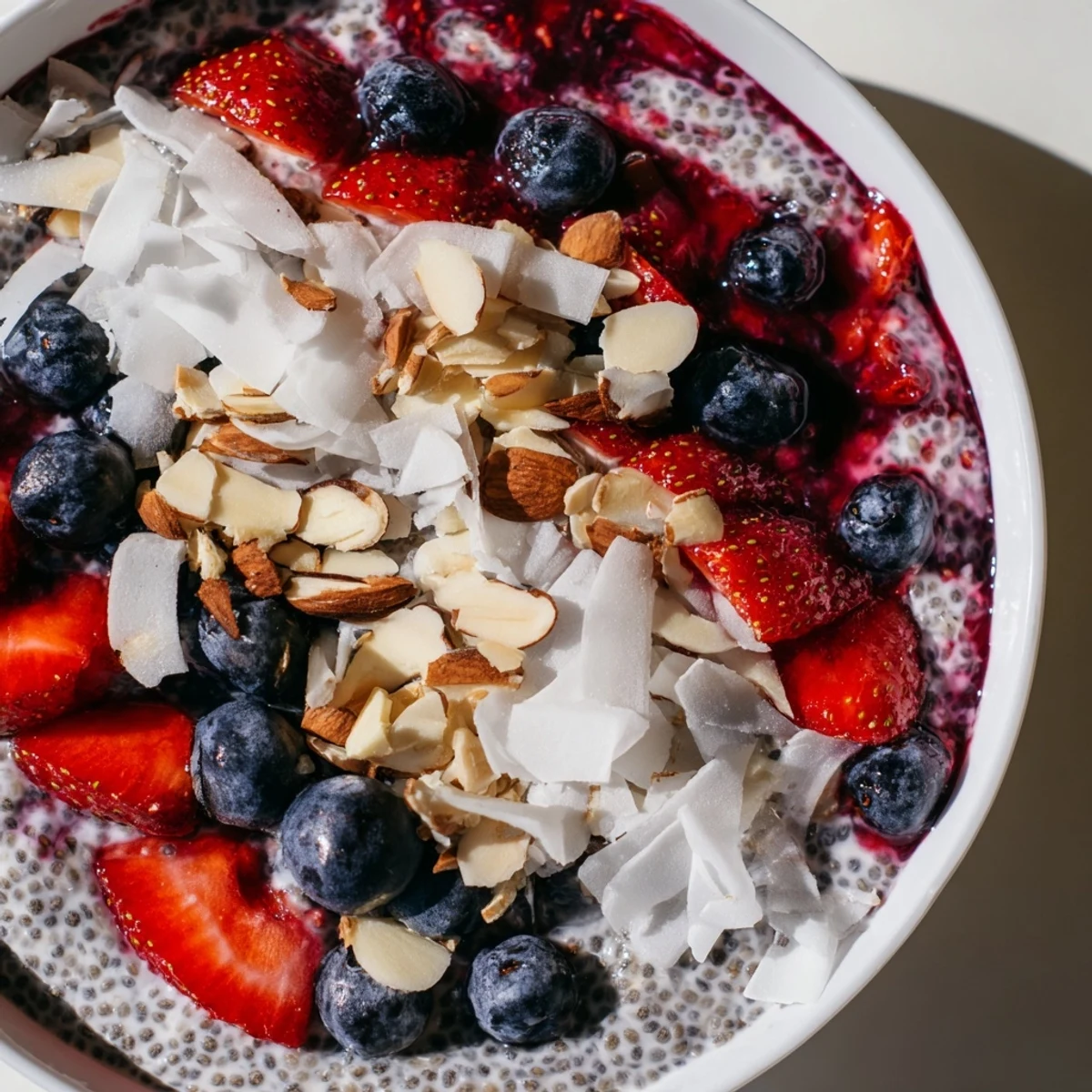 A close-up of berry chia pudding, showing the layered textures of creamy pudding and fruit.