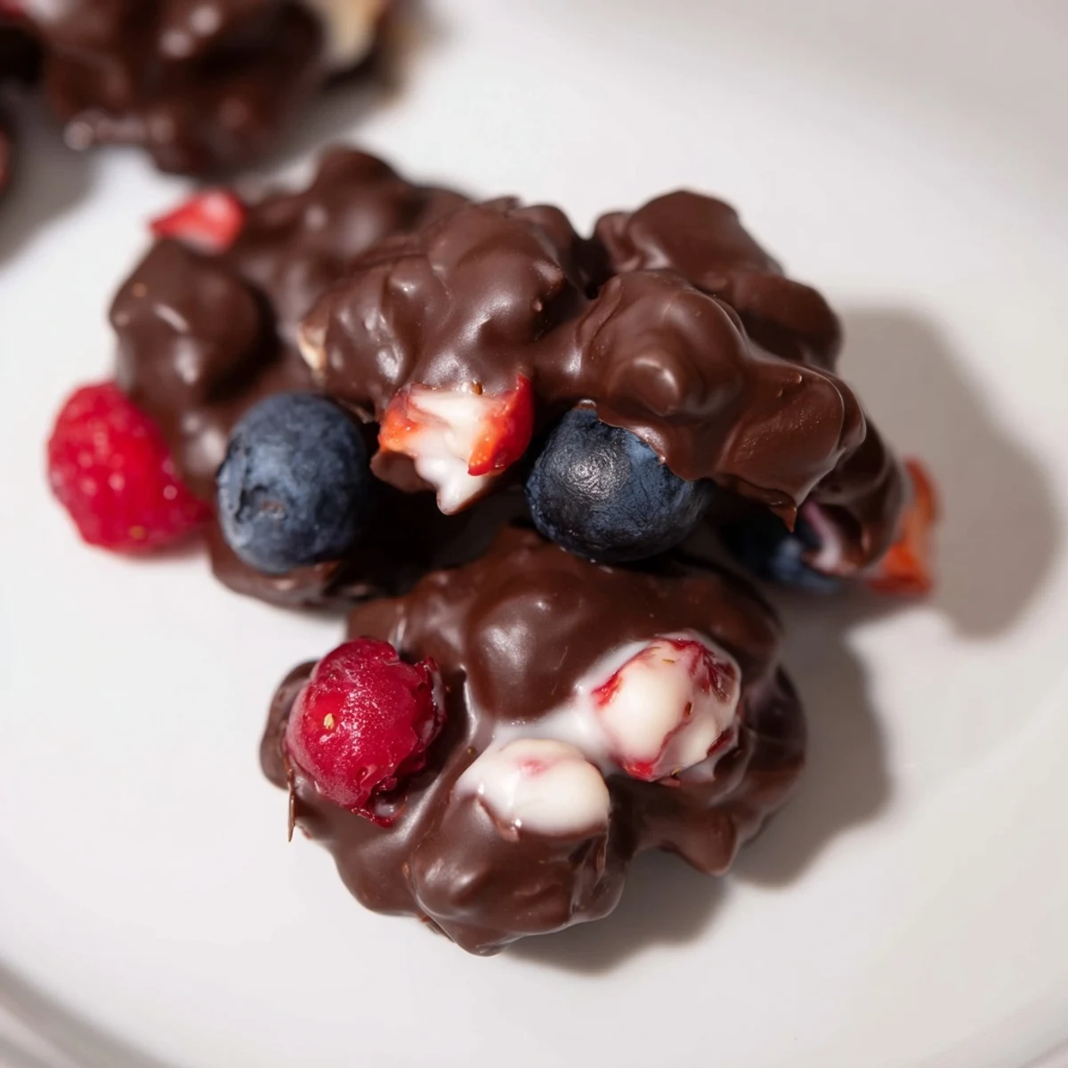 Chocolate Yogurt Clusters glistening with melted dark chocolate and fresh berries, ready to serve.