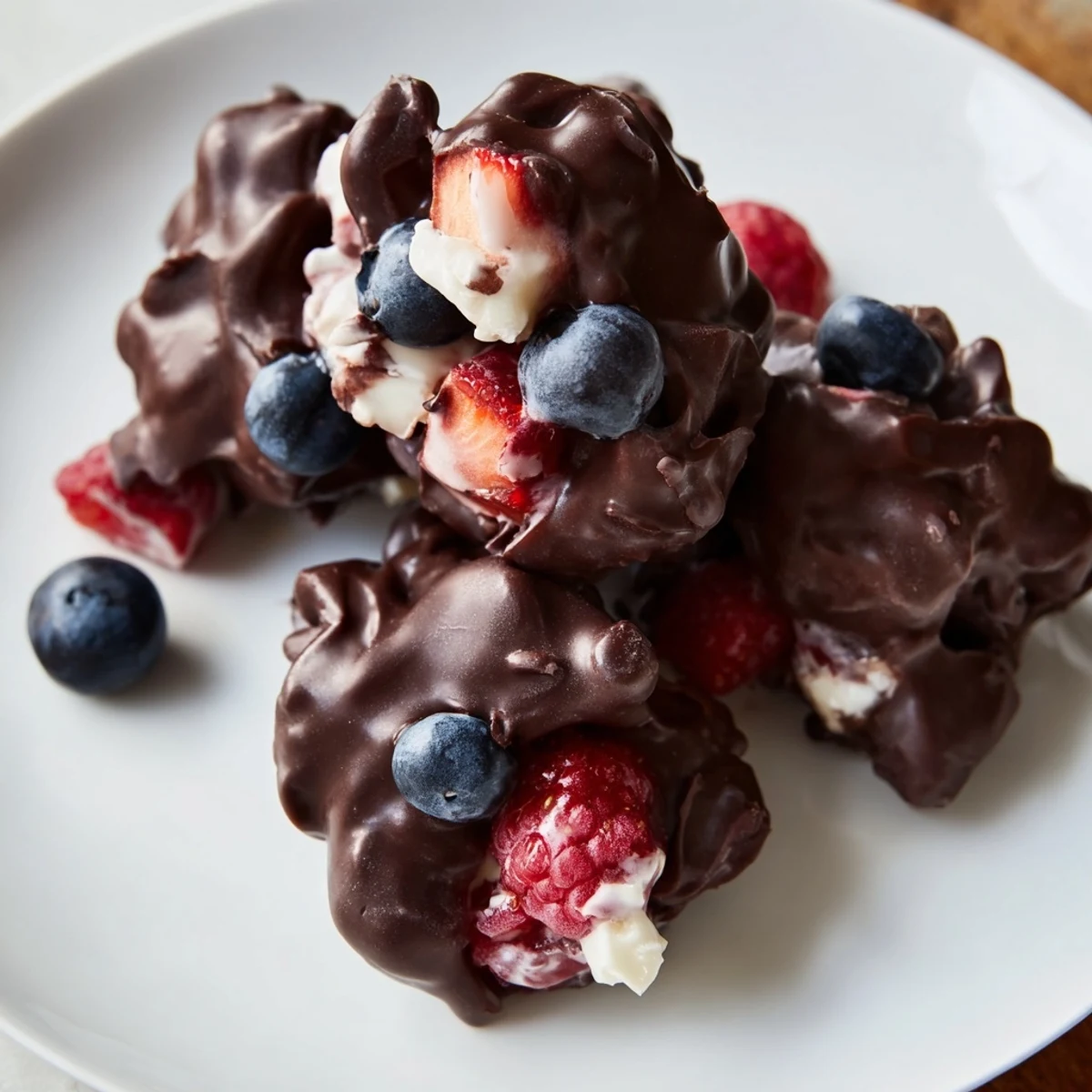 Frozen Chocolate Yogurt Clusters showcasing a perfect bite, a refreshing treat ready in minutes.