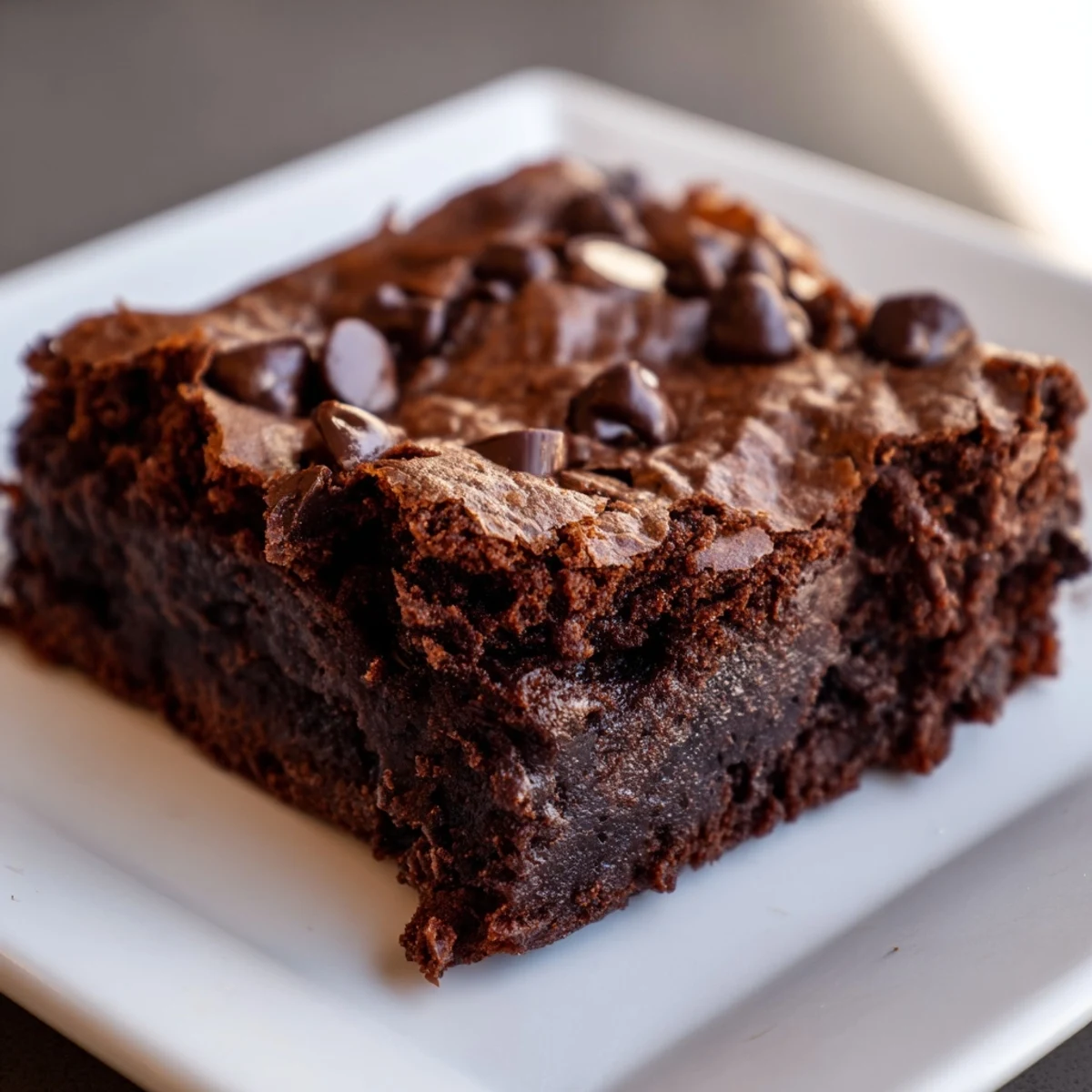 Rich and fudgy Greek yogurt brownies, warm, with extra dark chocolate chips sprinkled on top.