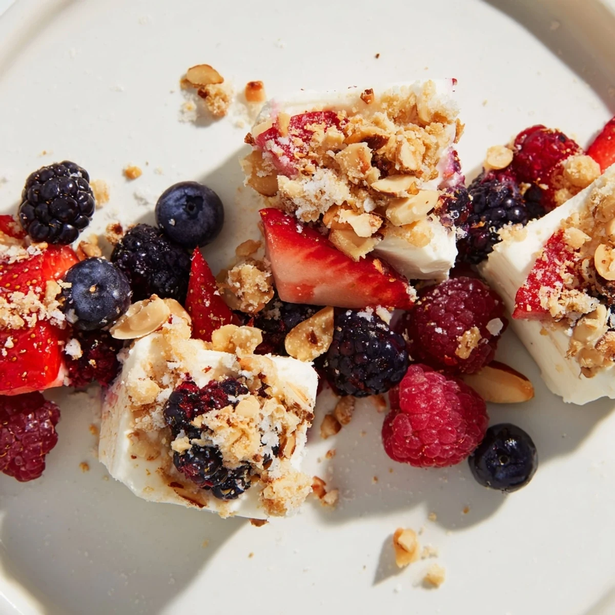 Close-up of frozen Berry Yogurt Bark, ready to break into delicious, healthy bite-sized pieces.