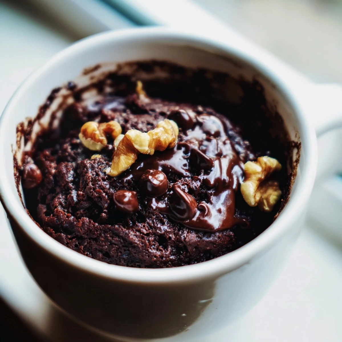 This rich, single-serving mug brownie, topped with chocolate chips, is perfectly baked in a mug.