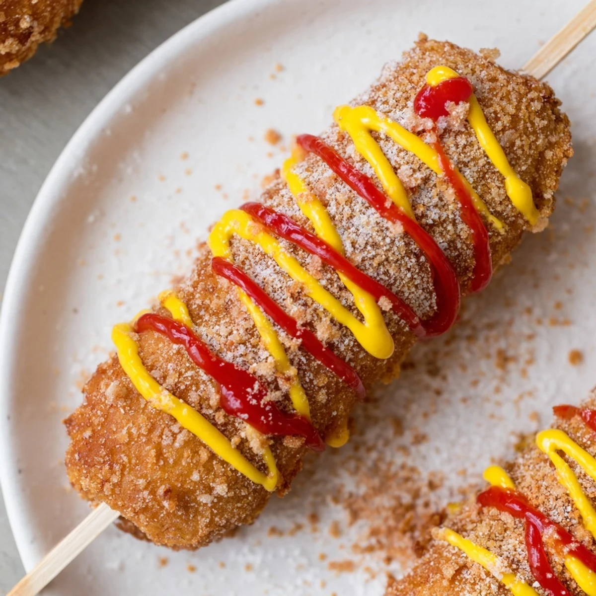 Golden-brown Korean-inspired corn dogs, crispy from a deep fry, ready to be enjoyed with toppings.