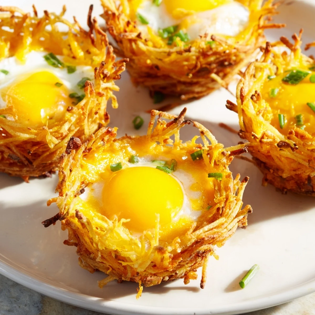 These baked Crispy Hashbrown Egg Nests showcase perfectly cooked eggs nestled in crispy potato shells.