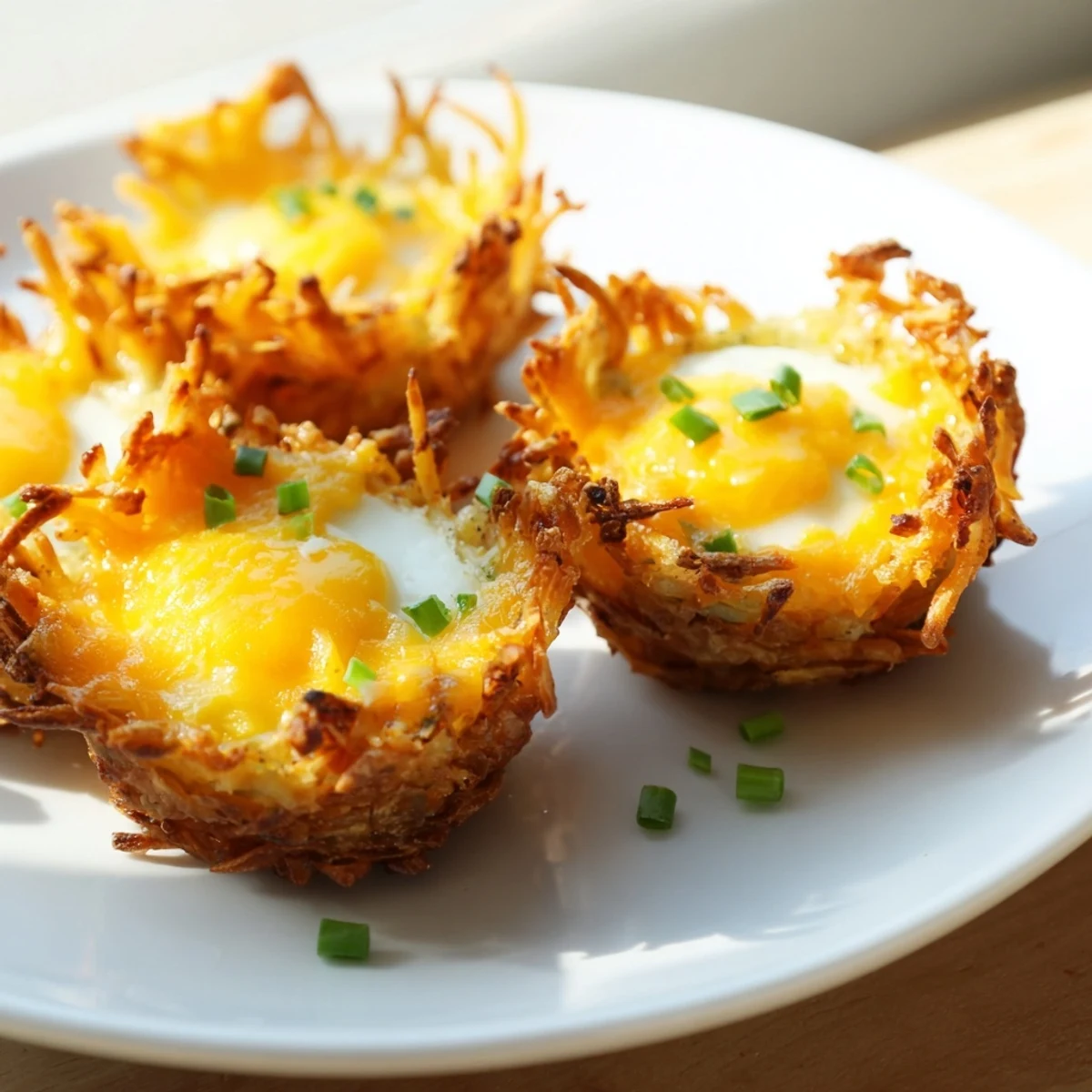 Crispy Hashbrown Egg Nests, golden potato cups filled with eggs, offer a satisfying, savory breakfast.