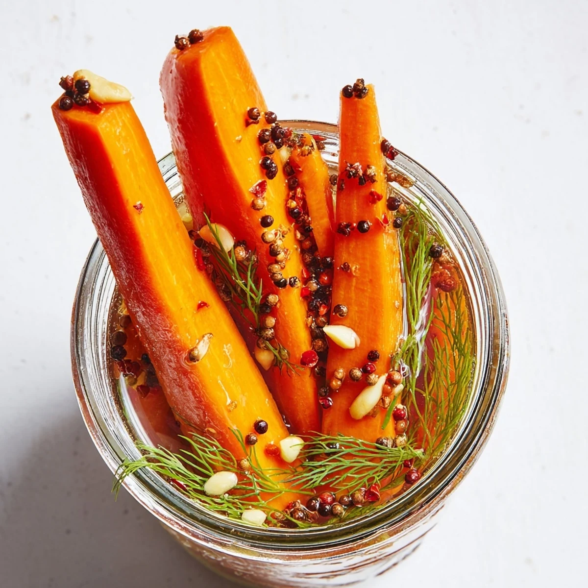 Crisp quick pickled carrot spears soaking in a clear, tangy brine, ready to enjoy.