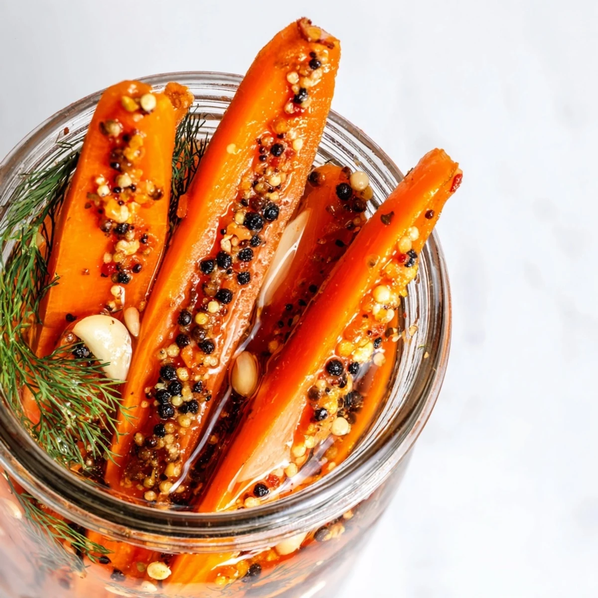 A jar of homemade quick pickled carrot spears, a vibrant, crunchy, healthy snack idea.