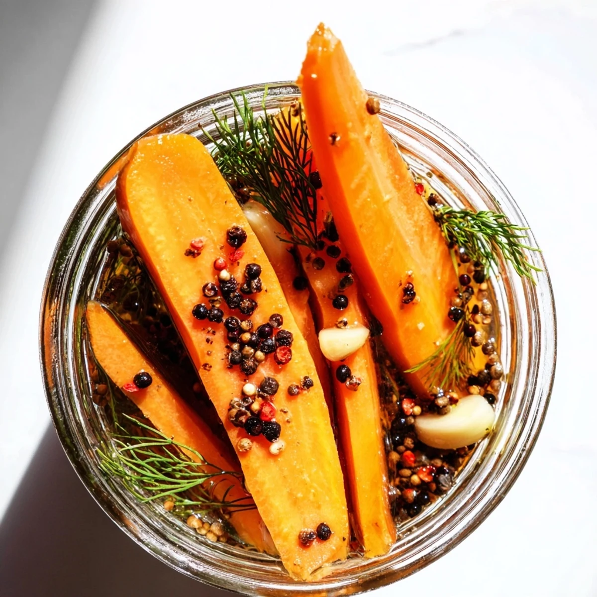 Bright orange quick pickled carrot spears, close up, showing flavorful ingredients in the jar.