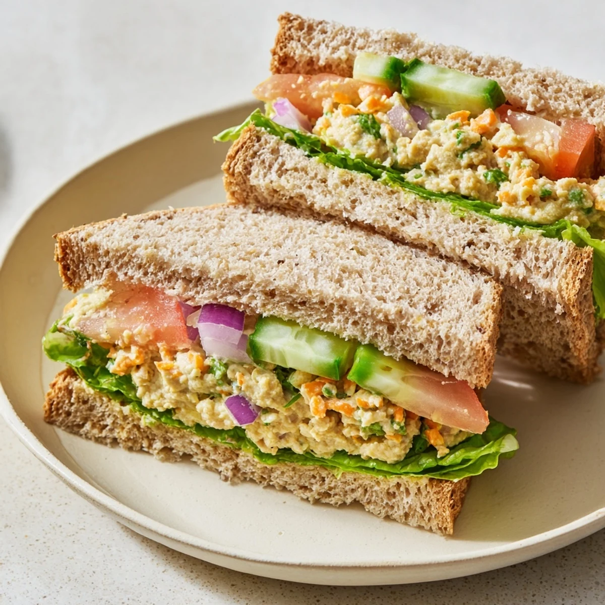 Creamy chickpea salad sandwich, a vegan lunch with mashed chickpeas ready to eat.