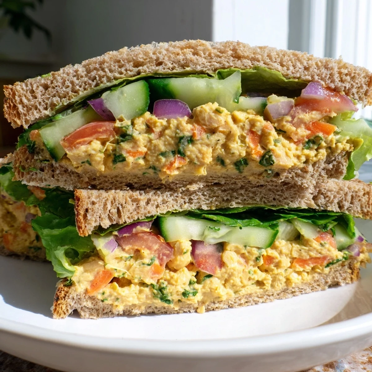 Delicious easy chickpea salad sandwich filled with fresh vegetables, perfect for a picnic.