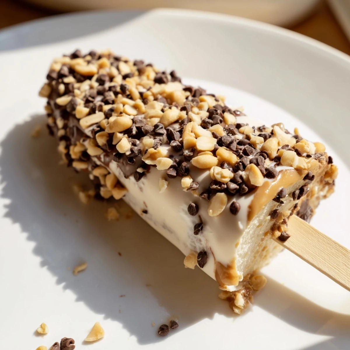 Frozen banana chocolate pops, a close-up of the delicious peanut butter banana treats with chocolate.
