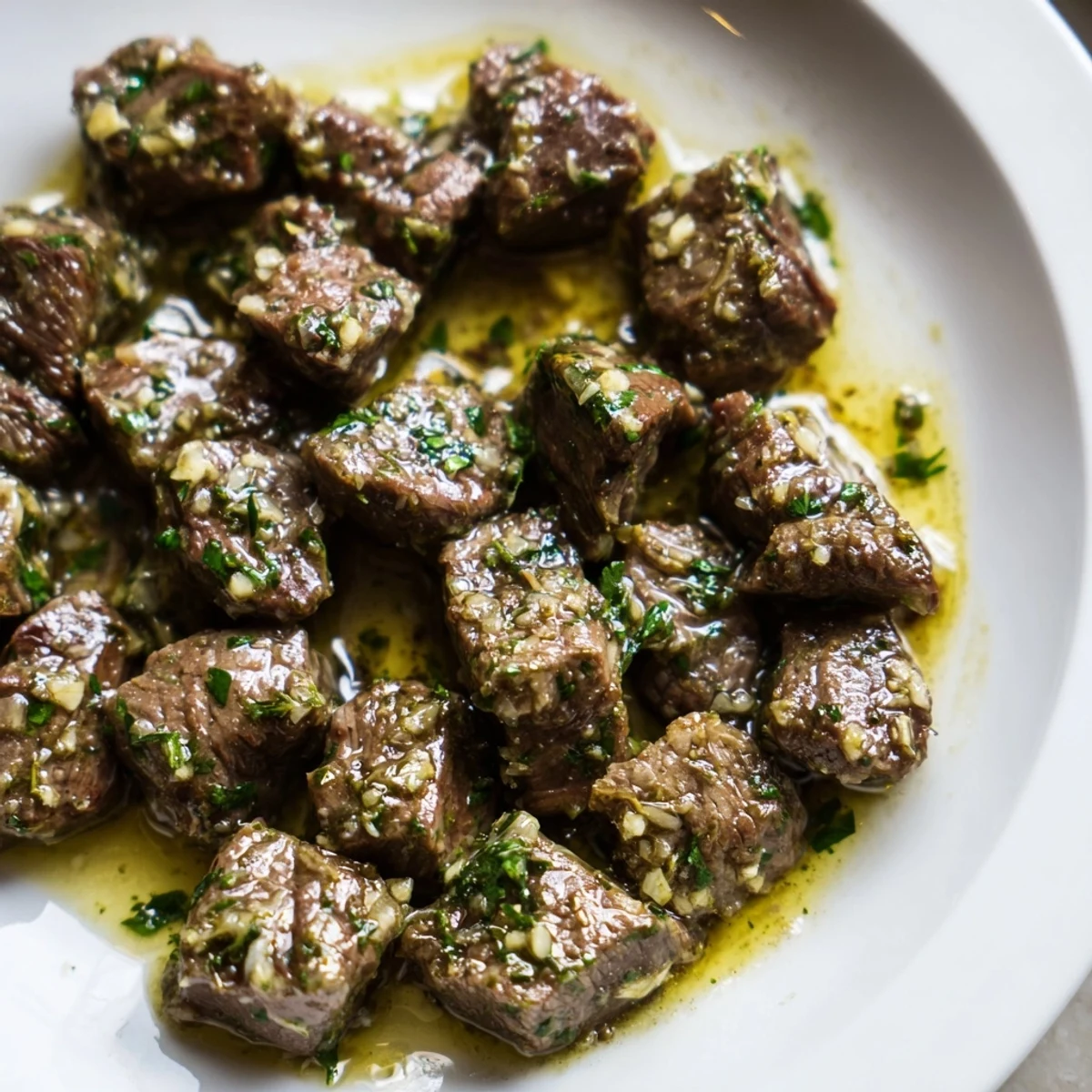 Air-Fryer Garlic-Butter Steak Bites, glistening and golden, ready for serving as a quick, flavorful dinner.