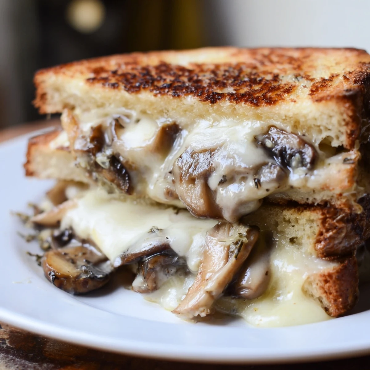 A close-up of a Creamy Mushroom Grilled Cheese, the melted cheese pulls as you lift a warm slice.