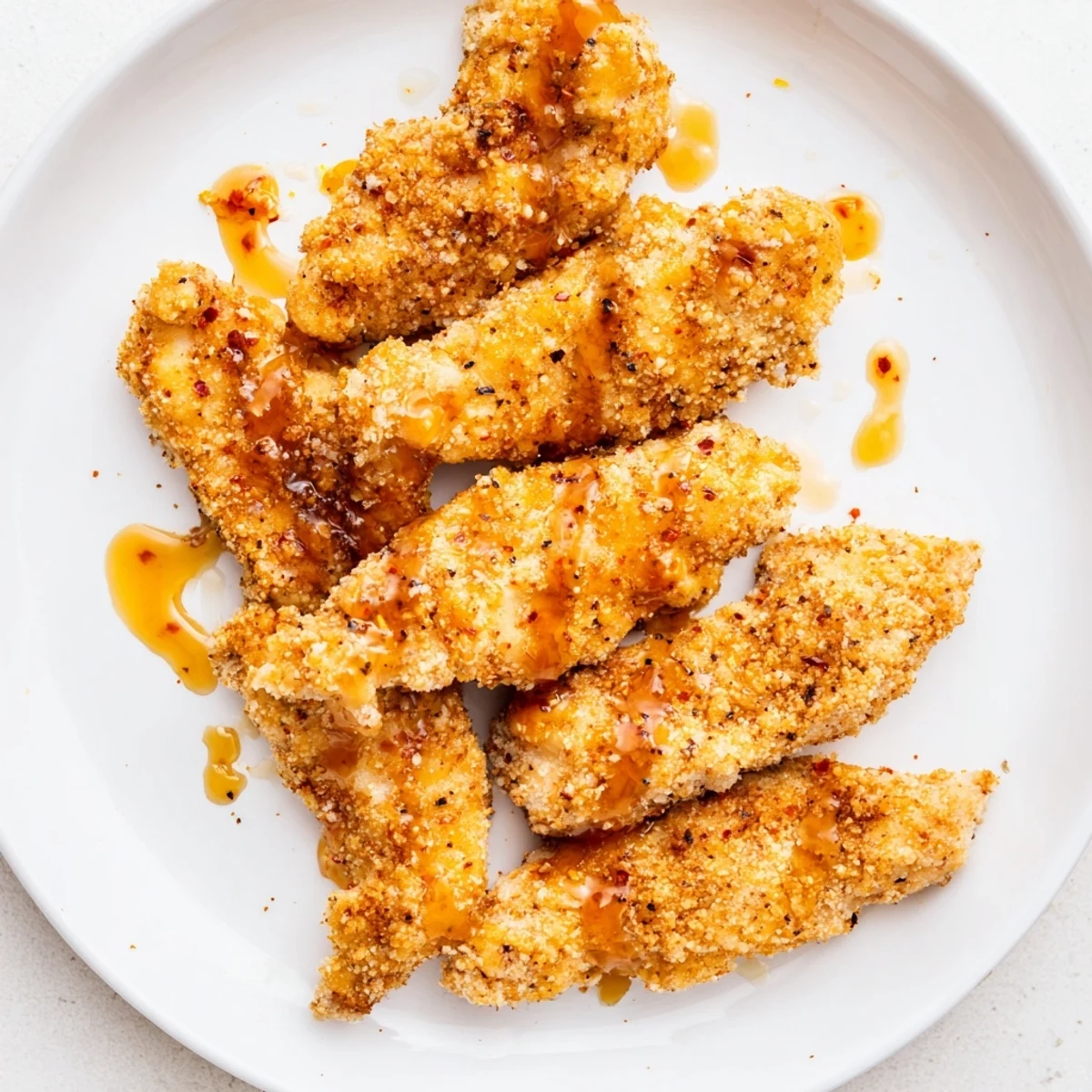 Die saftigen Panko-Hähnchenstreifen, bedeckt mit goldenem, knackigem, würzigem Belag, erwarten Sie warm und einladend.