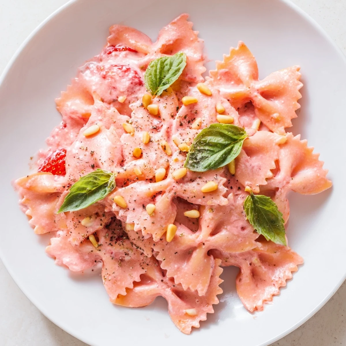 Creamy Strawberry Sour Cream Pasta, a beautiful bowl with basil, invitingly ready to eat.