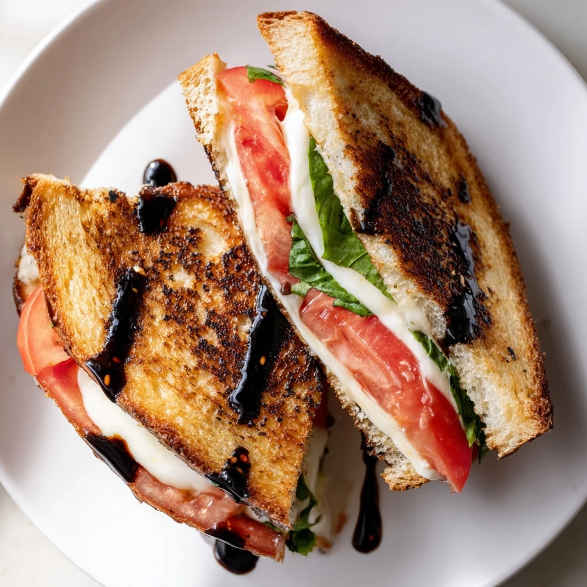 Crispy golden Caprese Salad Grilled Cheese with melted mozzarella and fresh basil inside.
