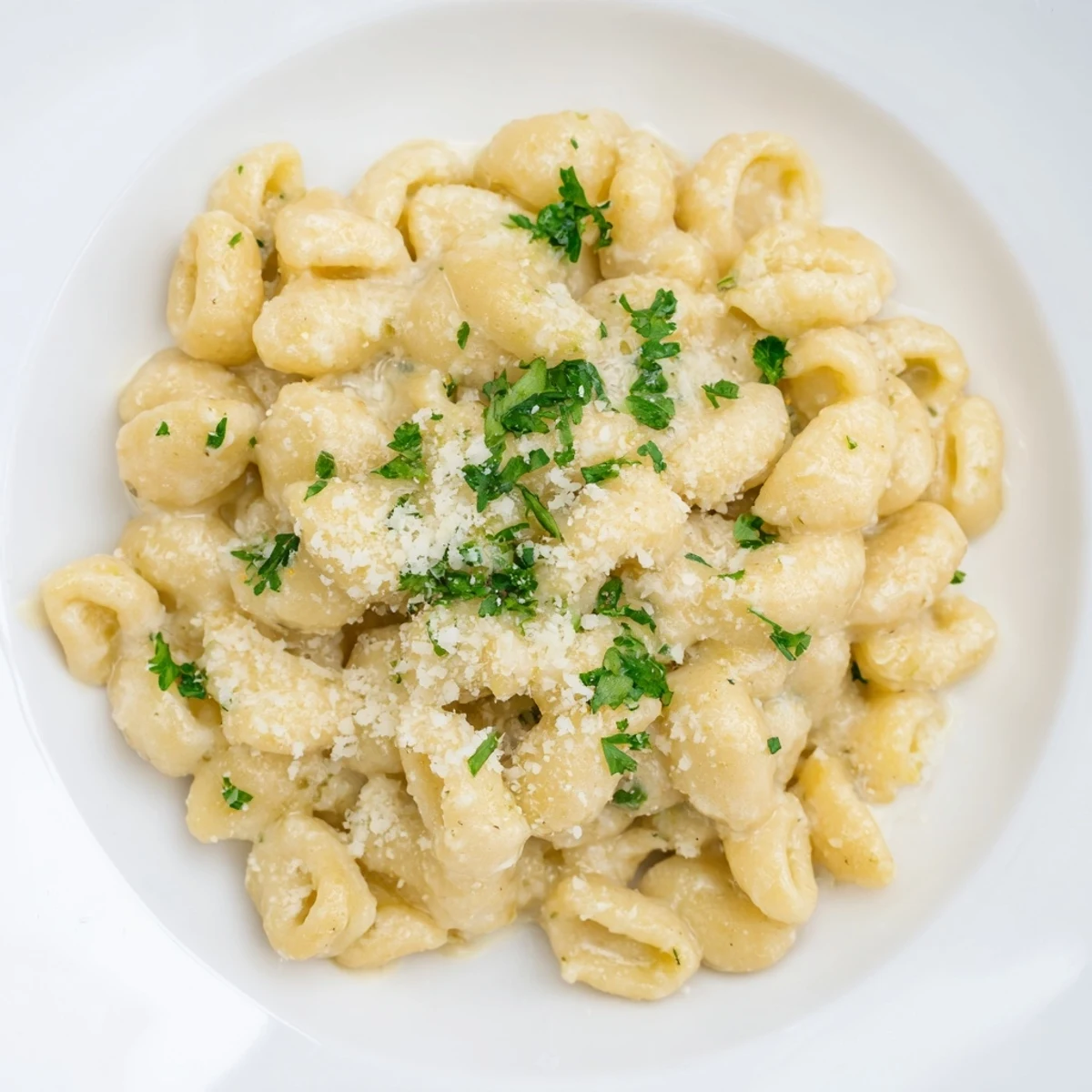 A close-up of creamy garlic ditalini pasta, showcasing the rich sauce coating each piece.