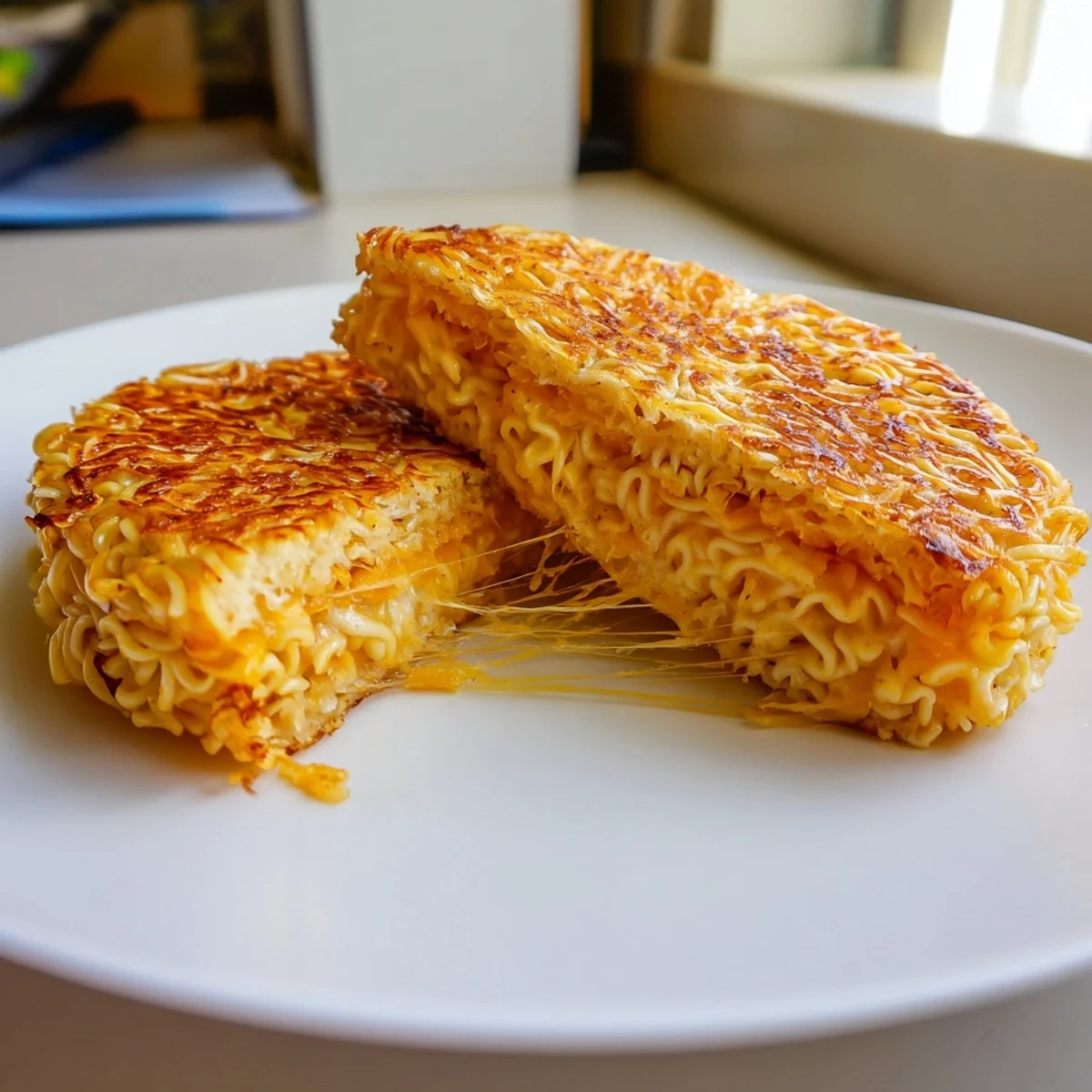 Golden-brown Ramen Grilled Cheese sandwich cut open, revealing melty cheese pull against crispy ramen buns.