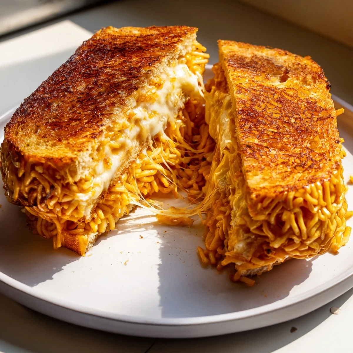 Melted cheddar and mozzarella fill this delicious Ramen Grilled Cheese, a creative lunch option.