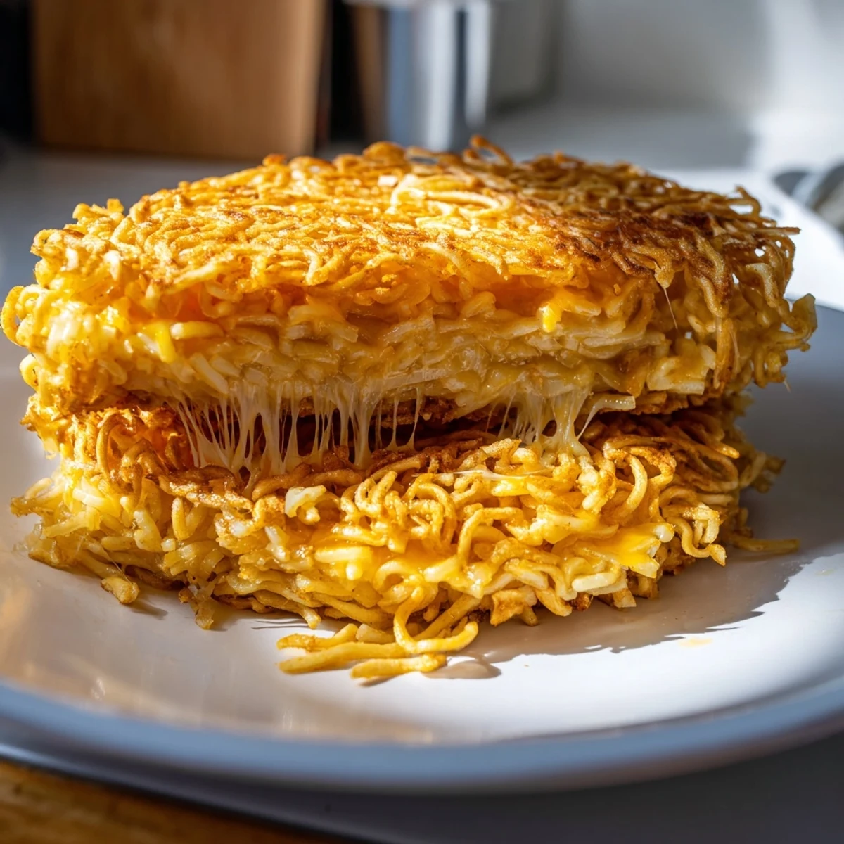 Enjoy a close-up of a perfectly cooked Ramen Grilled Cheese, ready to be served hot and cheesy.