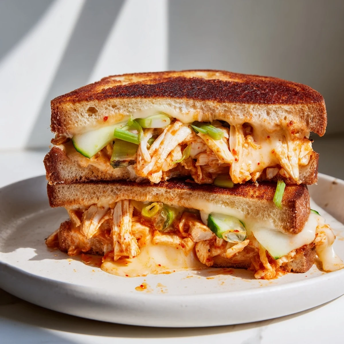 Gochujang Mayo Chicken Sandwich grilled cheese, oozing cheese and coated chicken, ready to enjoy.