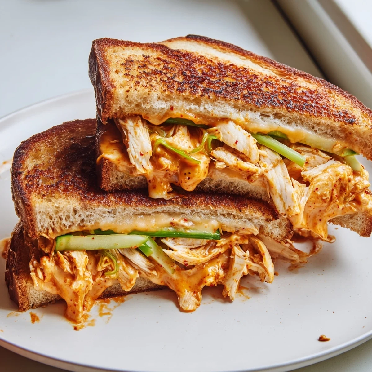 Grilled Gochujang Mayo Chicken Sandwich: Golden-brown sourdough, melted cheese, and spicy mayo create a tasty treat.