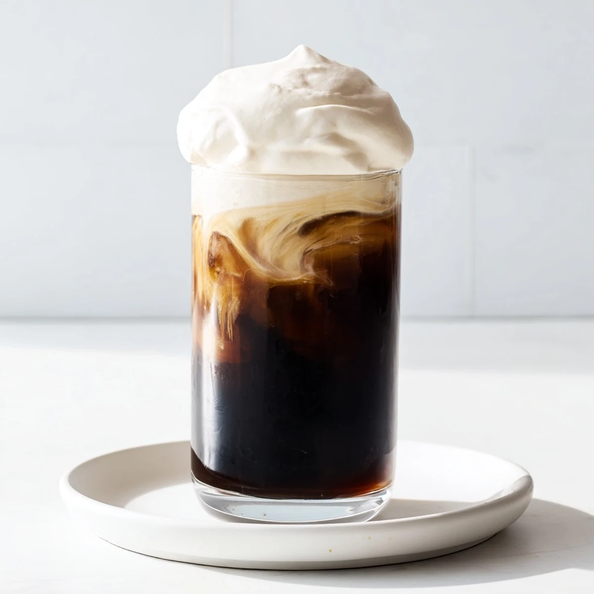 Starbucks Cold Foam Copycat swirled atop iced coffee, a dreamy, creamy, homemade beverage topping, ready to enjoy.