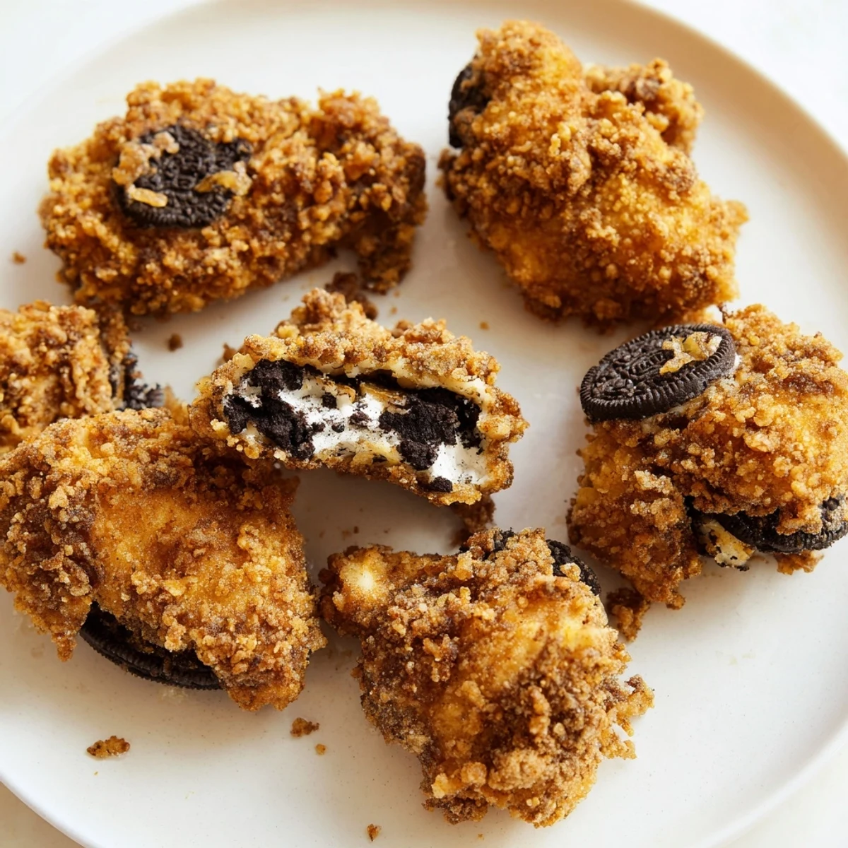 Golden-brown DIY KFC Oreo Krusher-Inspired fried chicken tenders, showing the satisfying crunch of the Oreo coating.