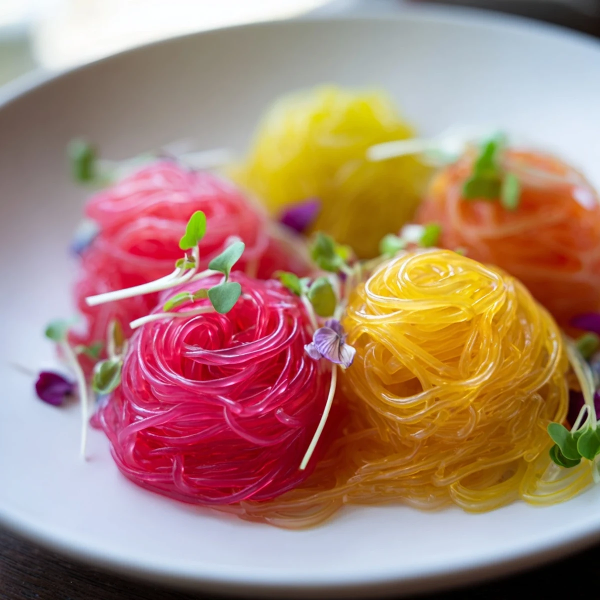 Bright, colorful Neon Noodle Clouds, chilled and served with savory dipping sauce, ready to eat.