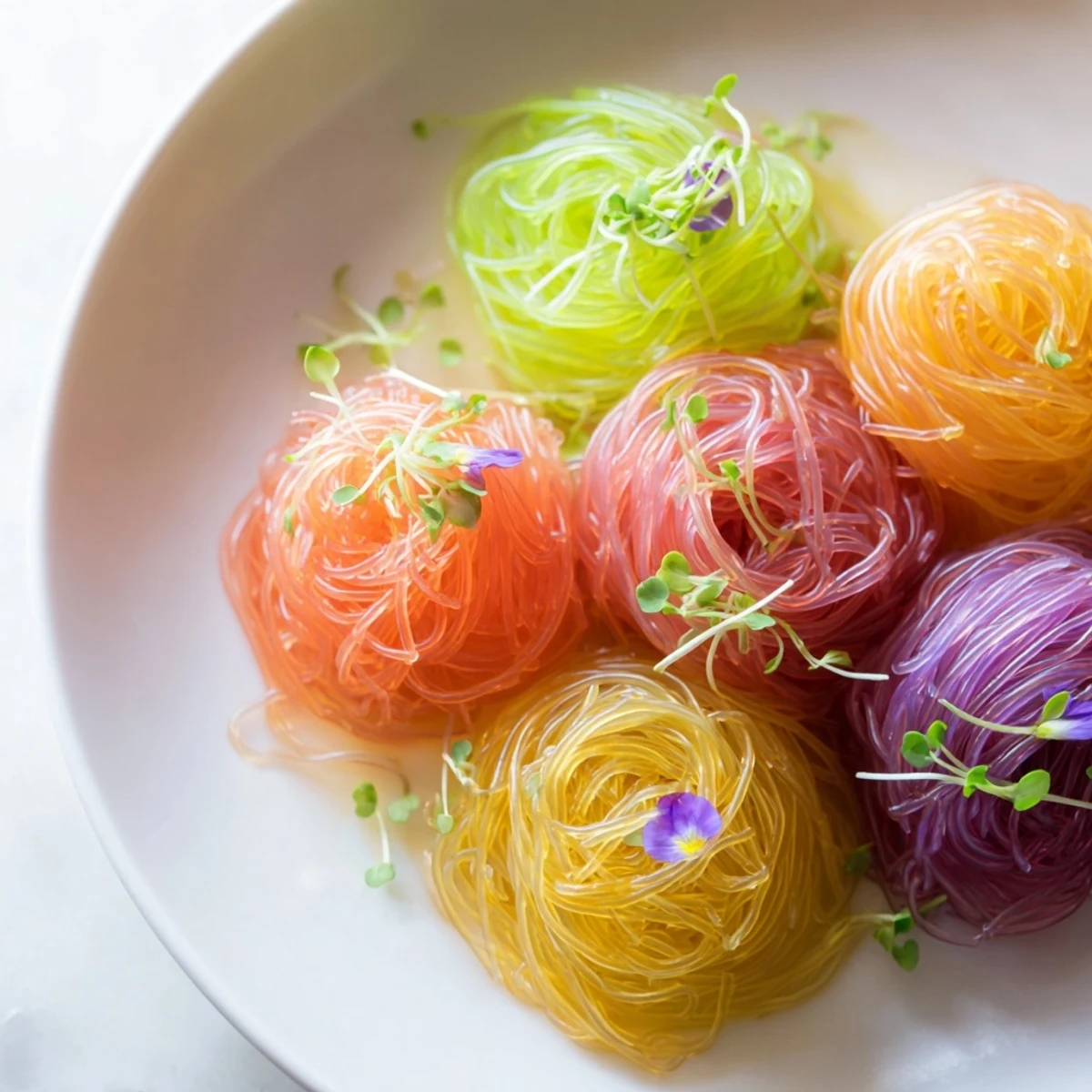 Freshly made Neon Noodle Clouds, a playful appetizer with vibrant colors and great texture.