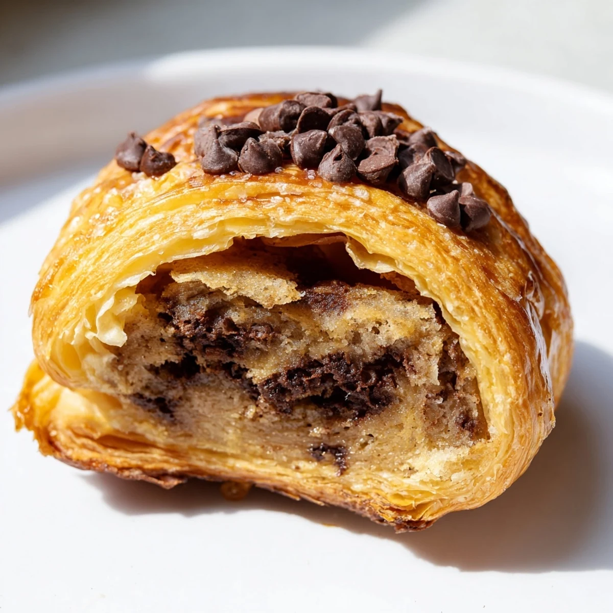 A golden-brown Viral Crookie Hybrid with a flaky croissant and gooey chocolate chip cookie filling.