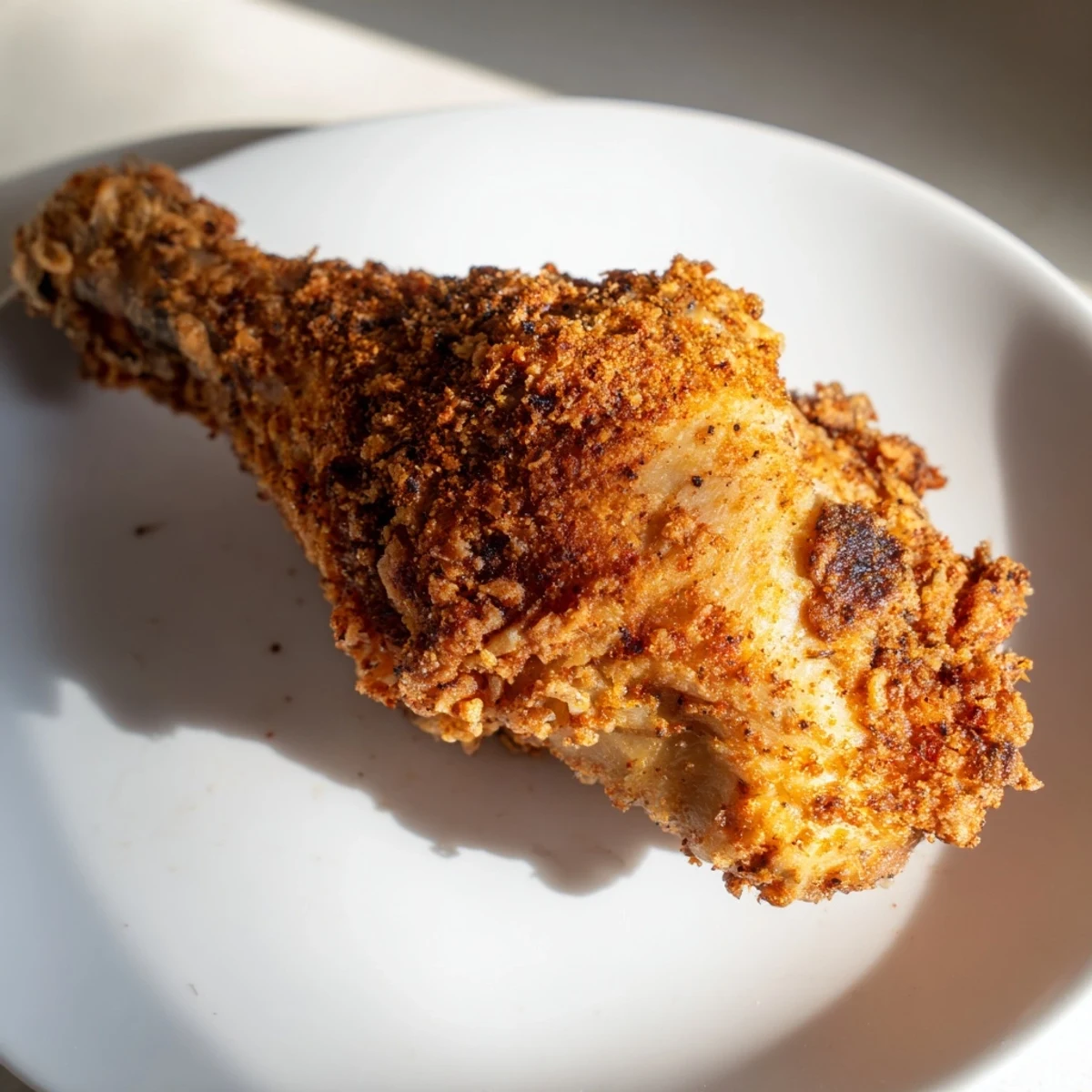 Mouthwatering close-up of crispy KFC-style fried chicken, showcasing the seasoned crust's delicious texture.