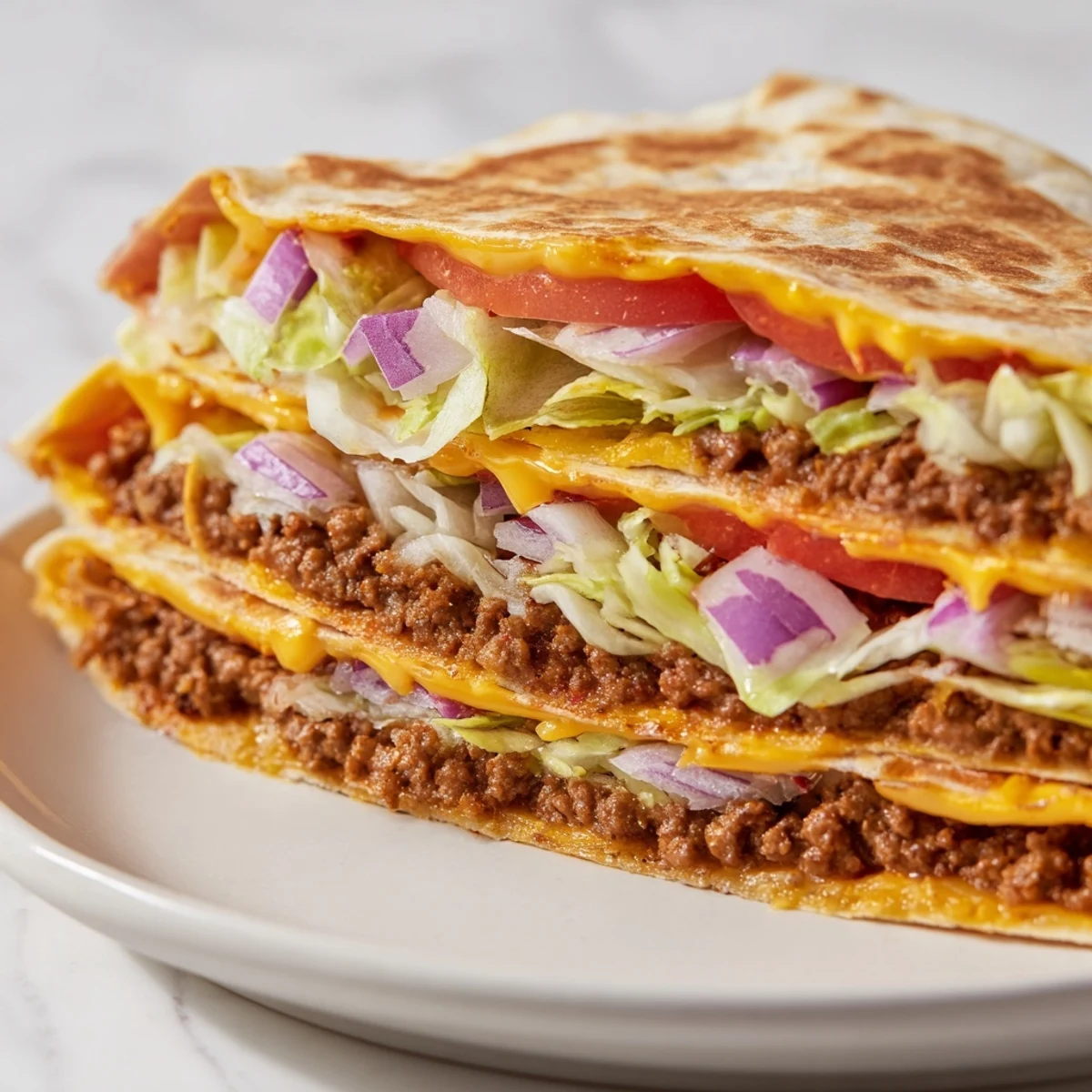 A close-up of a golden-brown Taco Bell Crunchwrap Supreme, showcasing its layered fillings.