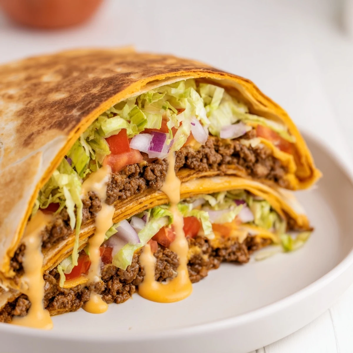 The layered textures of a homemade Taco Bell Crunchwrap Supreme with fresh toppings and melted cheese.
