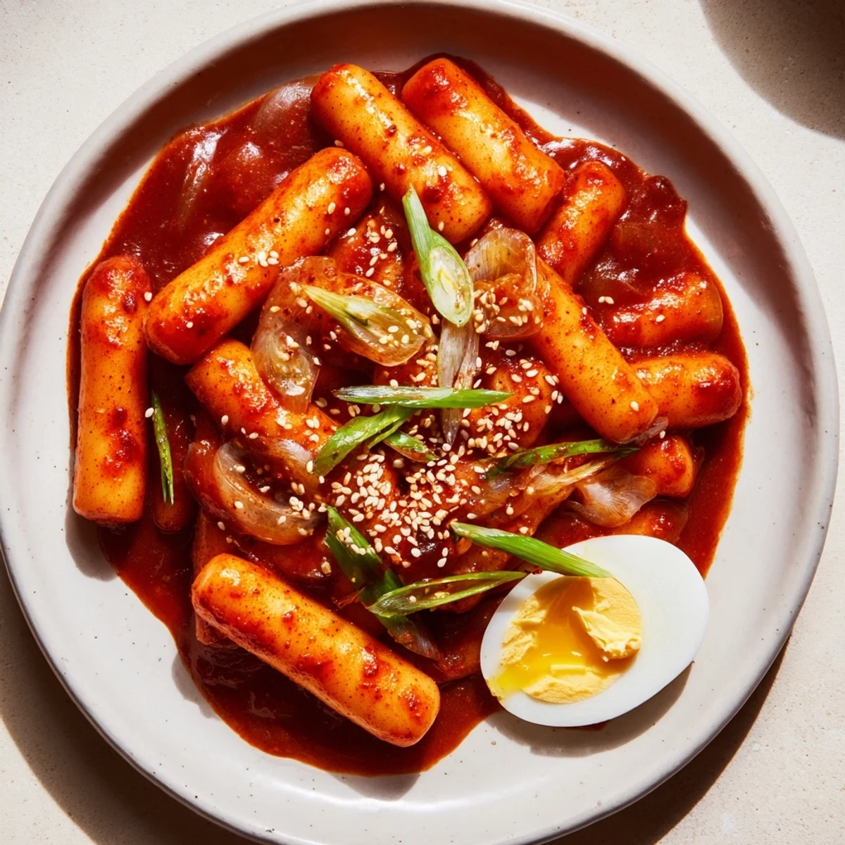 Spicy Korean Tteokbokki with tender boiled eggs, a comforting street food classic, ready to serve.