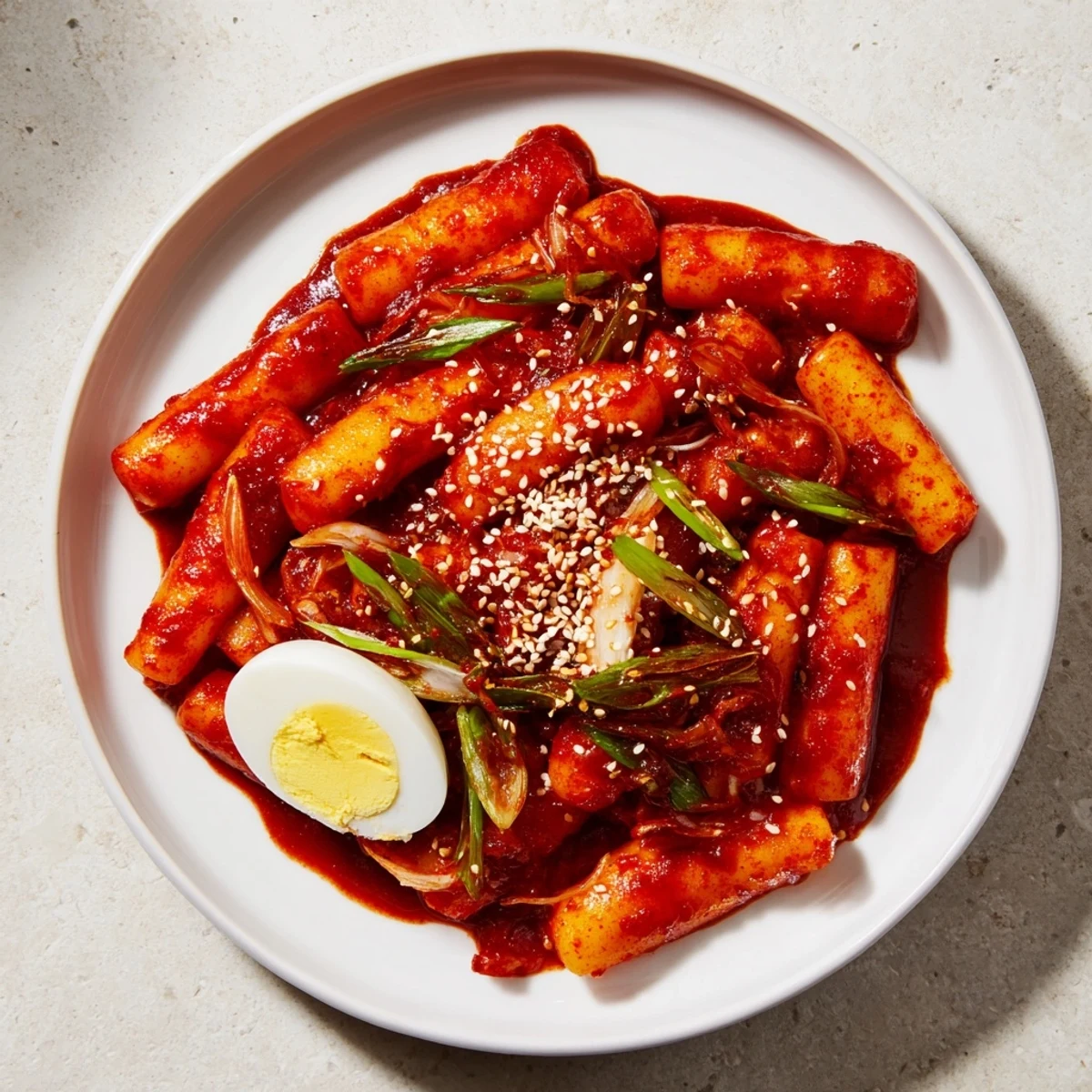 Close-up of vibrant Korean Tteokbokki: Rice cakes coated in a rich, spicy sauce and sesame seeds.