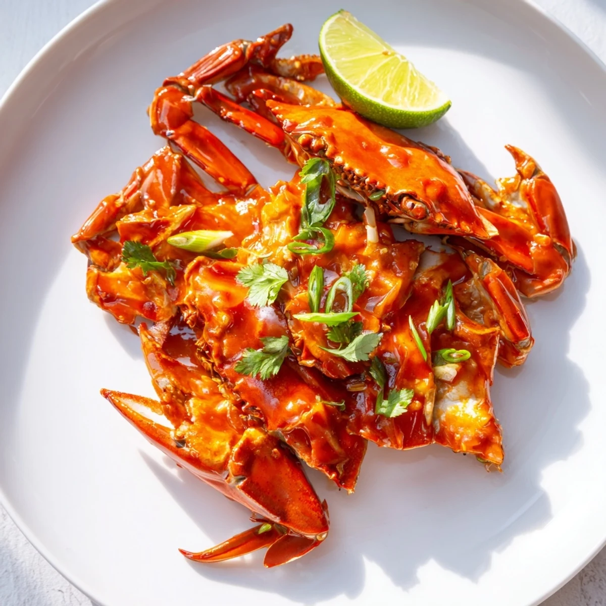 Singaporean Chili Crab, a plate of shiny red crabs in a rich, flavorful tomato chili sauce.