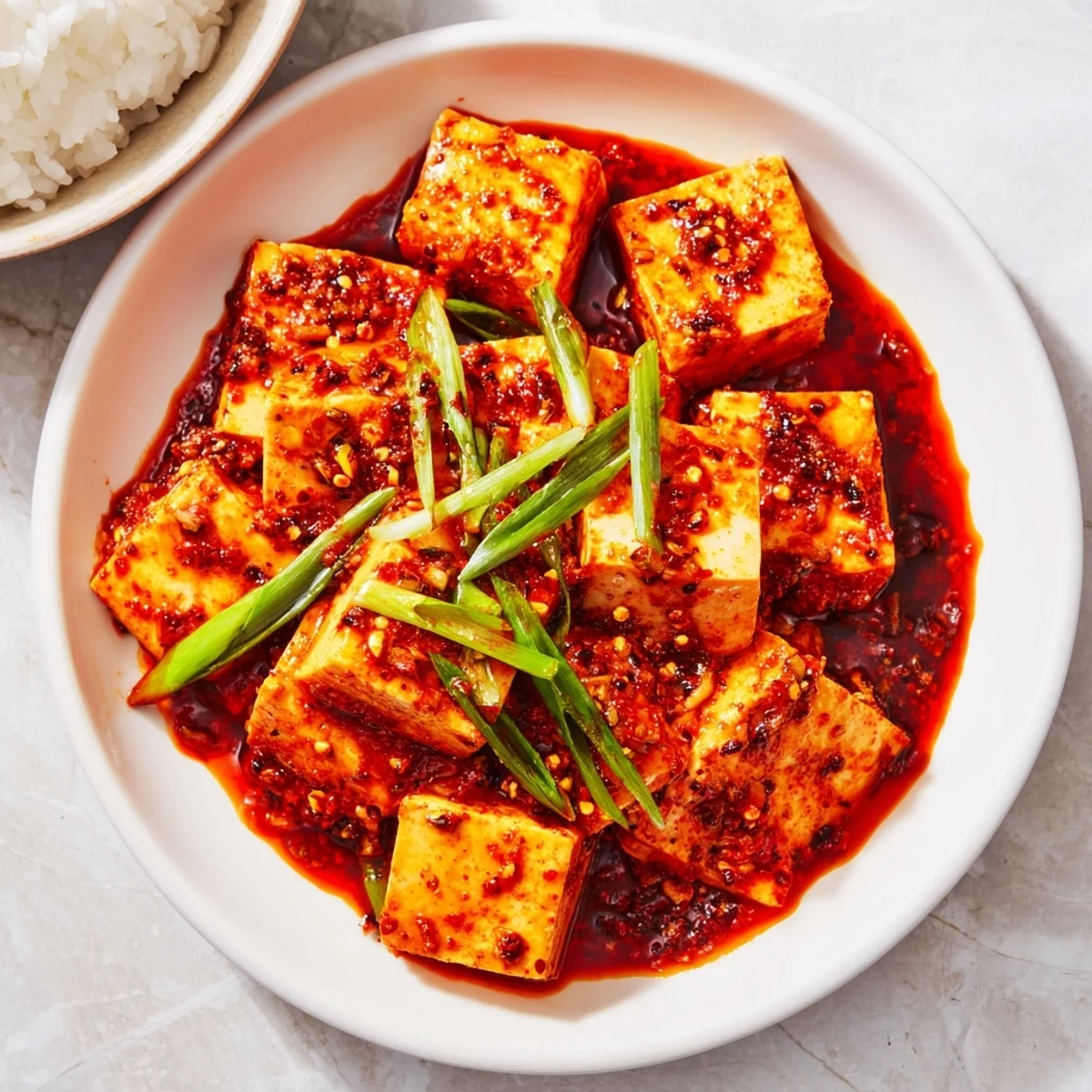 A steaming bowl of Chinese Mapo Tofu, glistening with a vibrant chili sauce, served over fluffy rice.