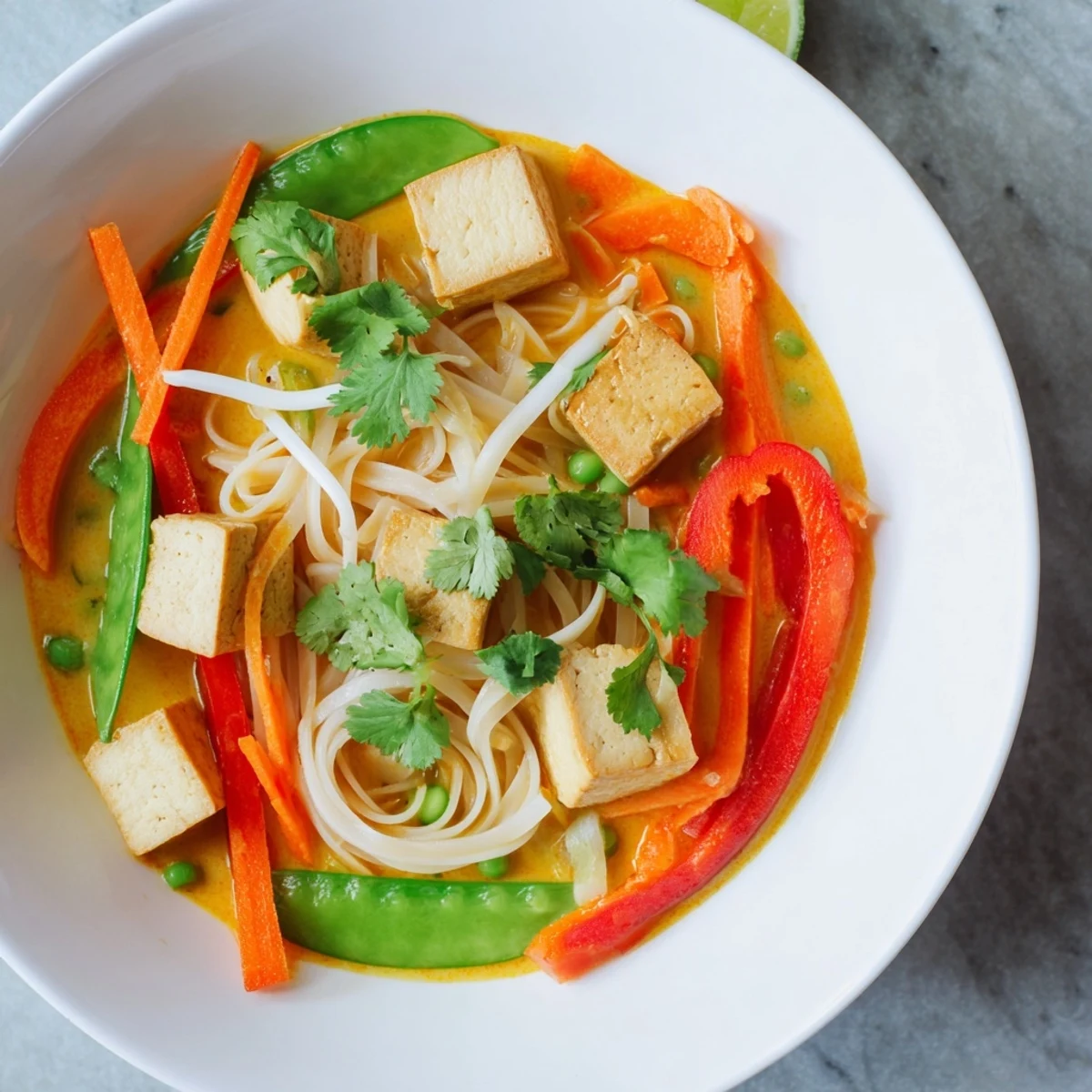 Rich Malaysian Laksa Curry, featuring creamy coconut broth, tofu, and fresh toppings—a flavorful main.