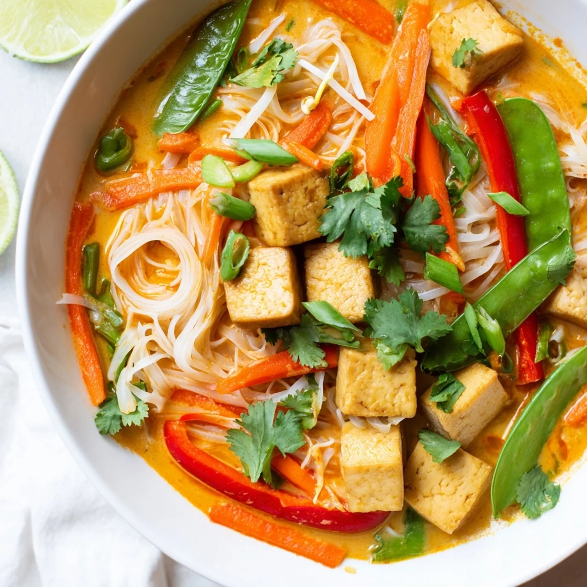 Steaming bowl of Malaysian Laksa Curry, overflowing with rice noodles, tender veggies, and fragrant broth.